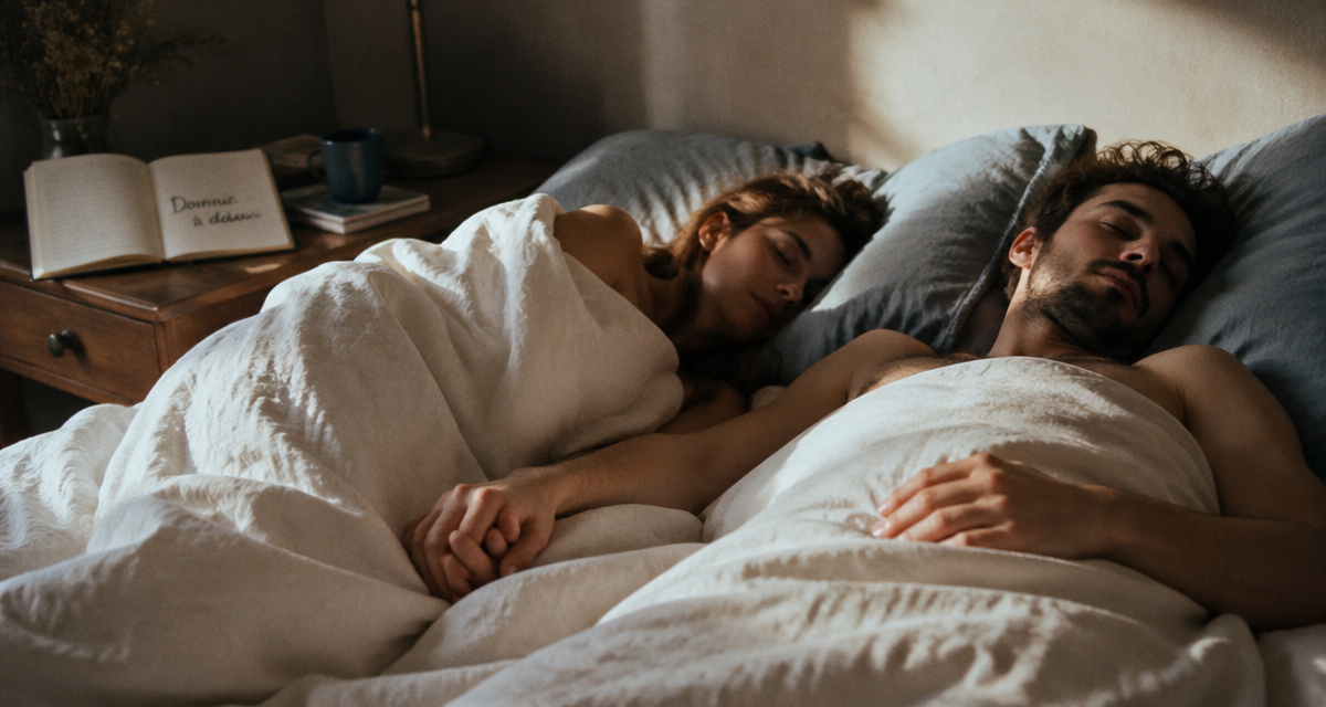 Position couple amoureux dormir sous une couette blanche