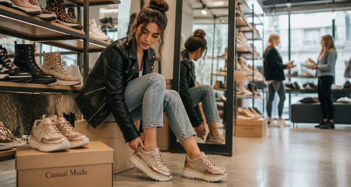 casualmode femme essaie chaussures tendance boutique