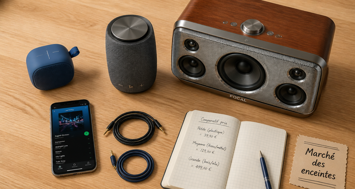 Trois enceintes et accessoires sur bureau, enceinte prix