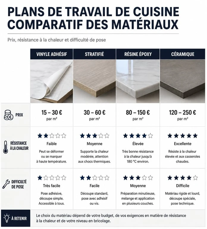 Comparatif des matériaux pour revêtement de plan de travail cuisine