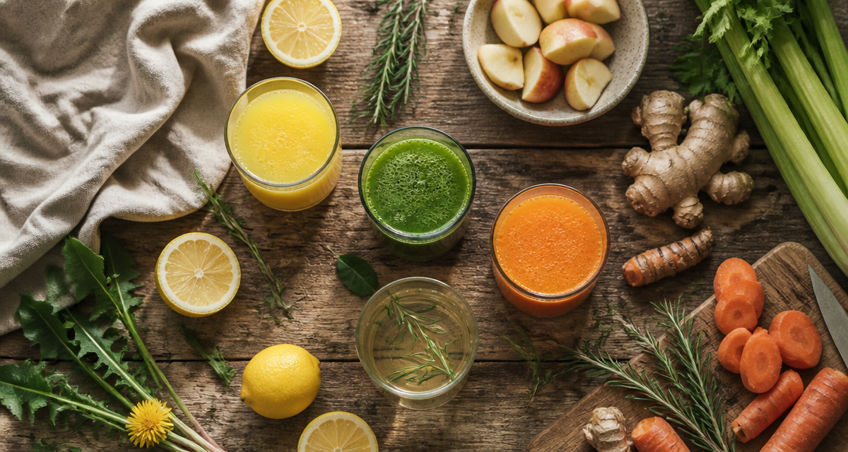 quatre verres de jus detox pour le foie sur table