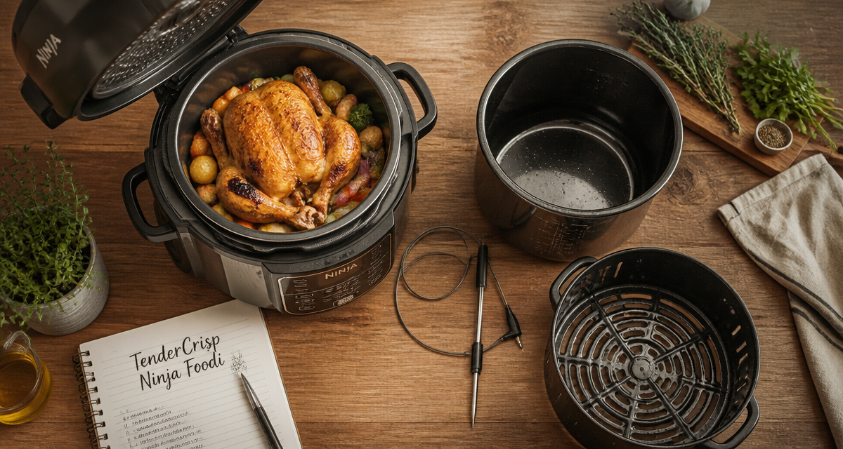 ninjafood multicuiseur avec poulet rôti et accessoires