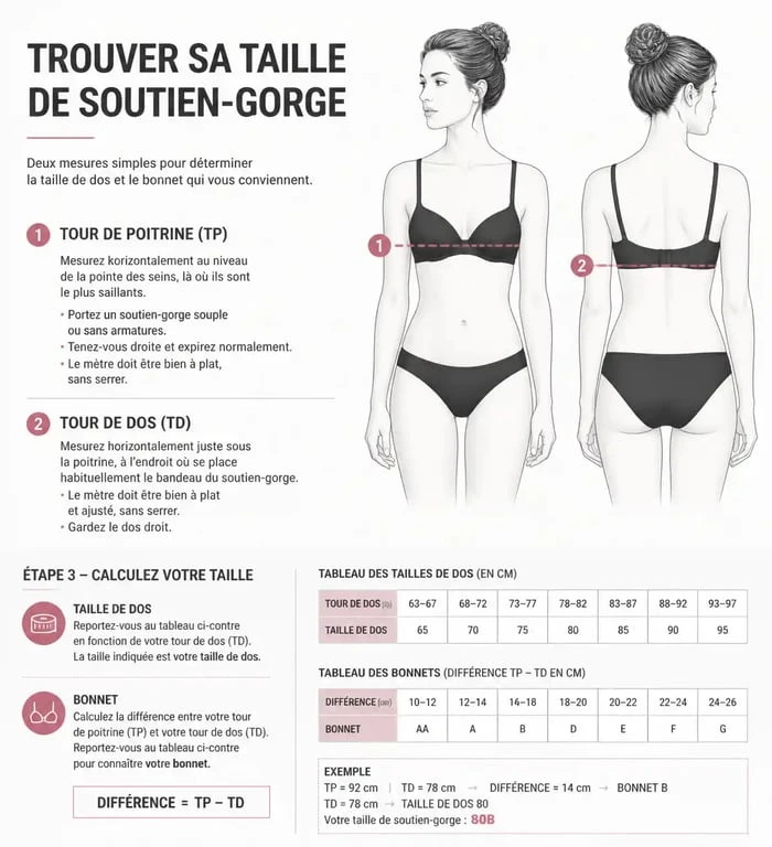 Infographie montrant comment mesurer son tour de poitrine pour trouver sa taille de soutien-gorge 90A