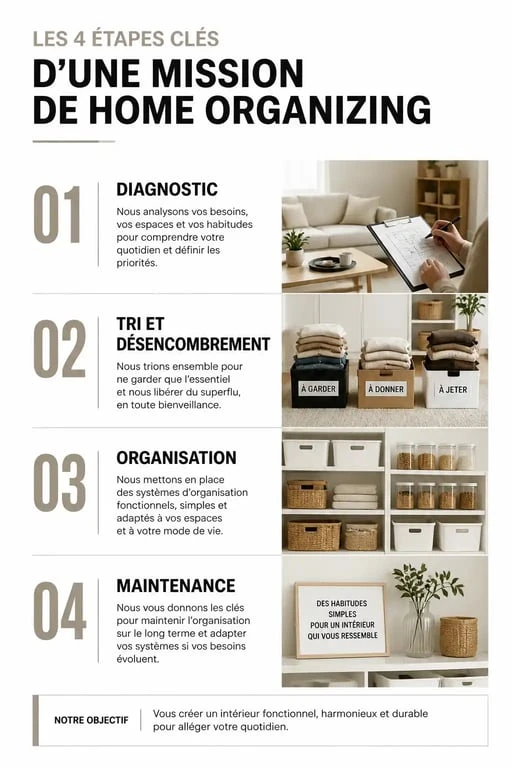 Infographie des 4 étapes d'une mission d'aide au rangement maison