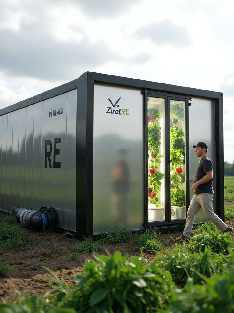 TITAN is Zirat's fully automated, climate-controlled container designed for all-weather farming. With its sleek mirrored walls and energy-efficient lighting, it transforms any land into a high-yield, off-grid food system.