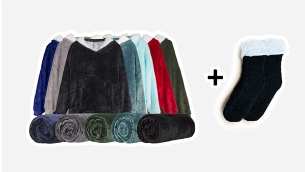 Diverse fleece truien en een paar warme sokken voor comfort en warmte.