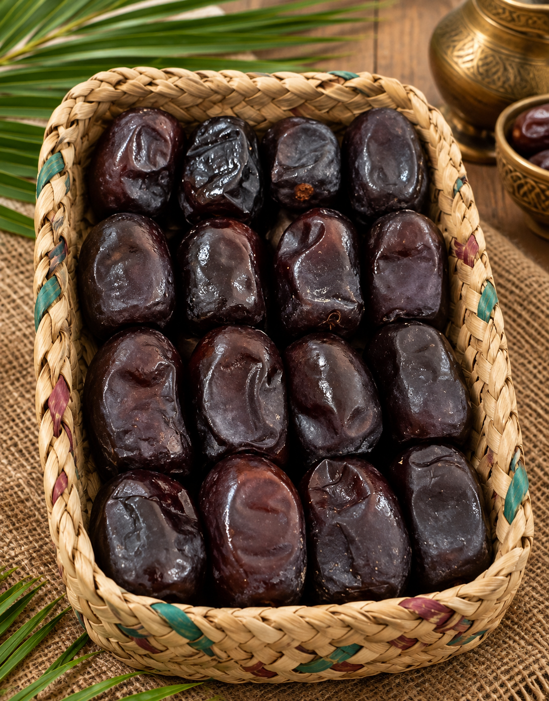 Mazafati dates in a woven basket with palm leaves