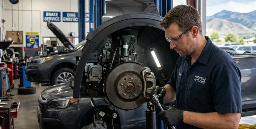 Auto mechanic inspecting a vehicle's brake system.