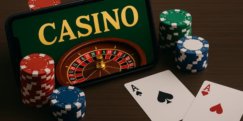 Casino online con fichas y cartas sobre una mesa de juego