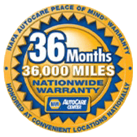 Auto warranty badge highlighting 36 months and 36,000 miles coverage nationwide.