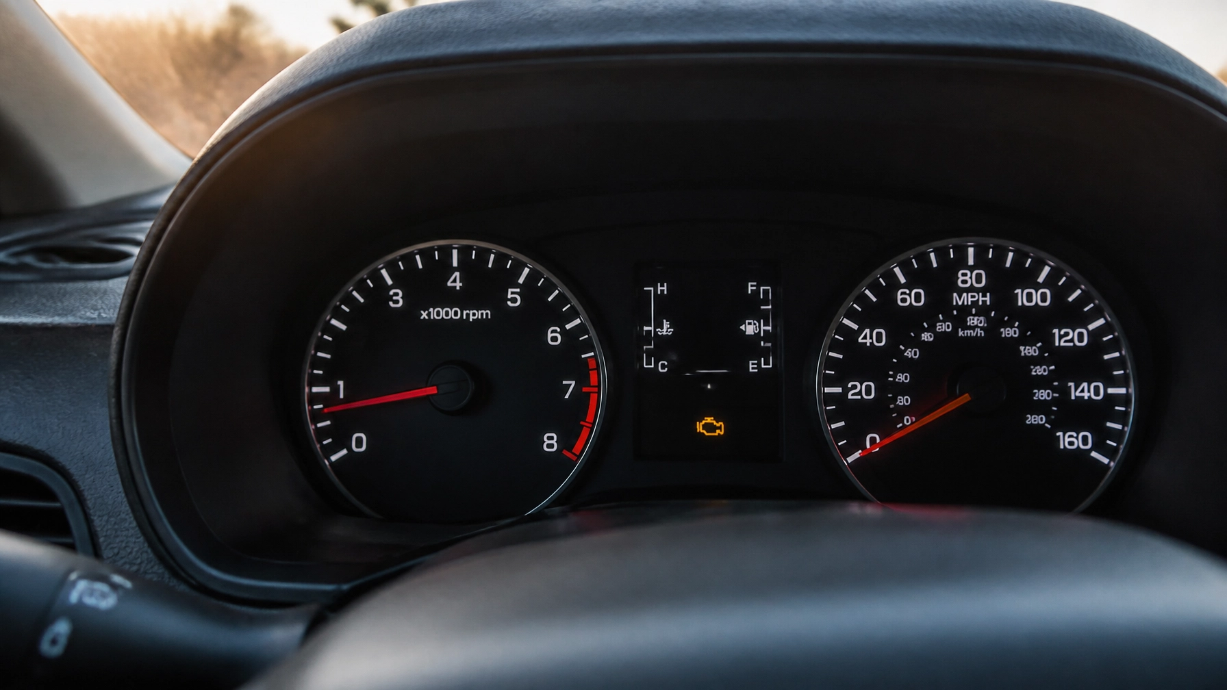 Vehicle dashboard with warning lights illuminated, including check engine light.