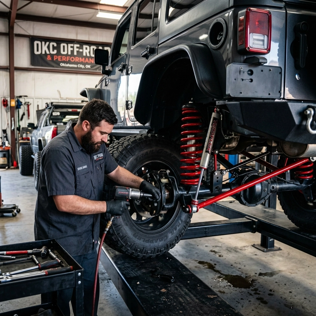 Technician installing off-road tires on a Jeep in a tire shop.