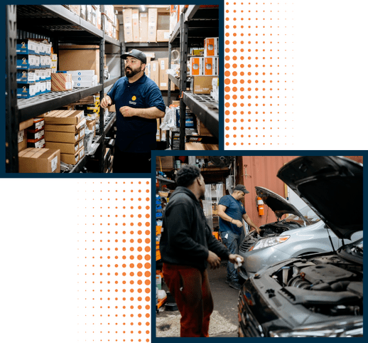 Warehouse worker organizing auto parts in a storage facility.