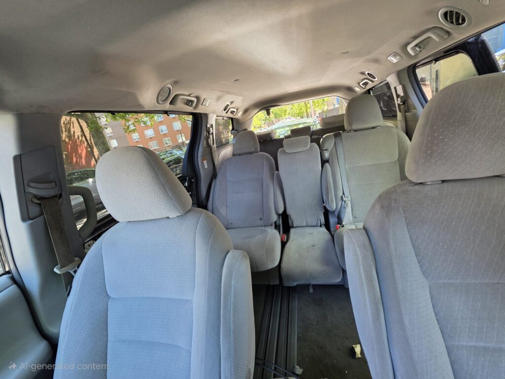 Minivan interior showing spacious seating for passengers and ample legroom.