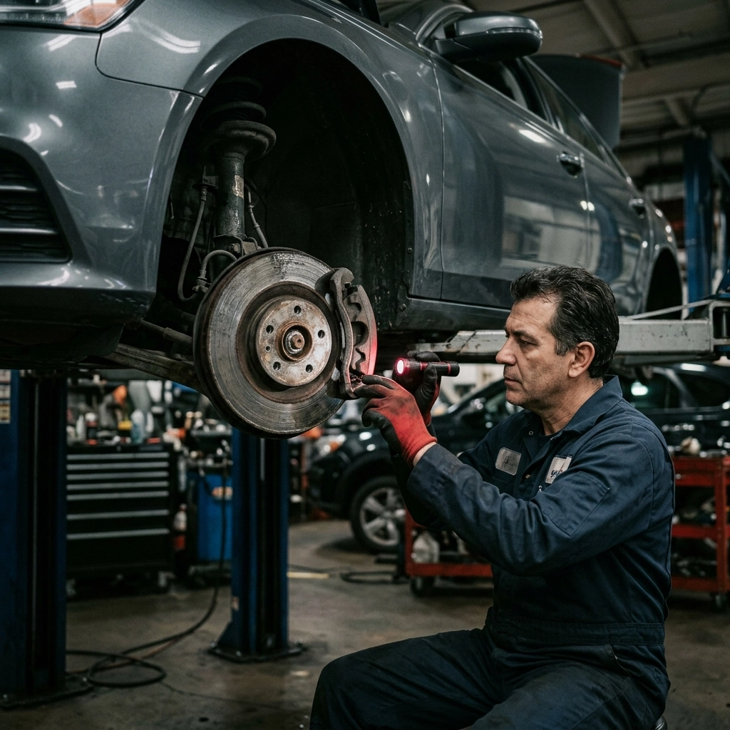Auto mechanic inspecting brake system on a lifted car in a professional auto repair shop.