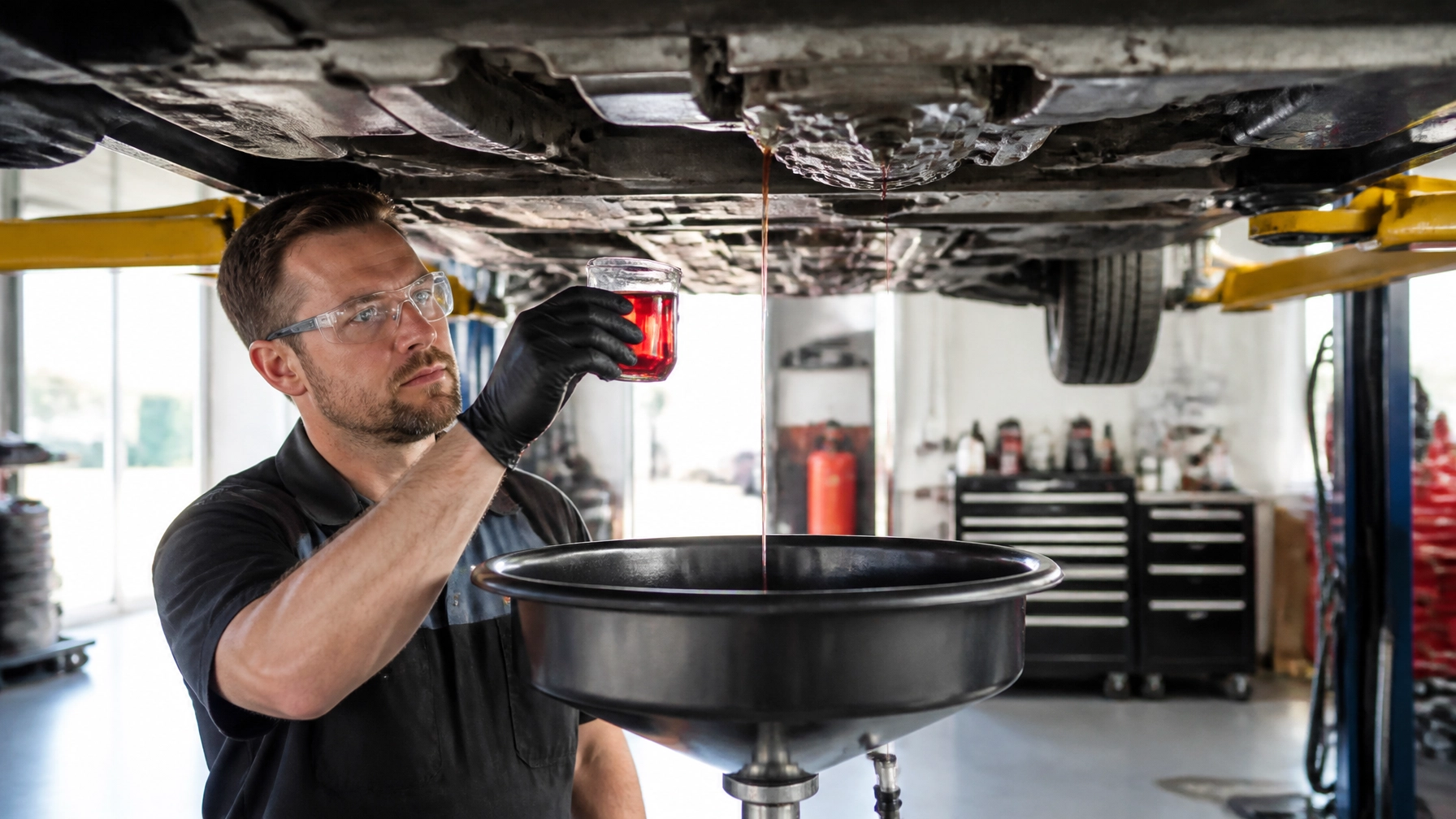 Technician performing oil change under vehicle at A1 Auto Care.