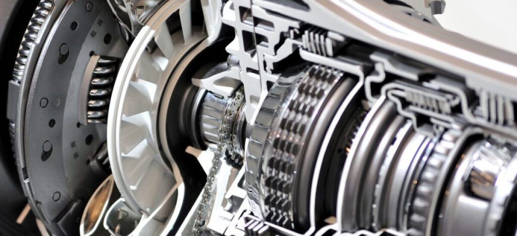 Transmission system components inside a vehicle.