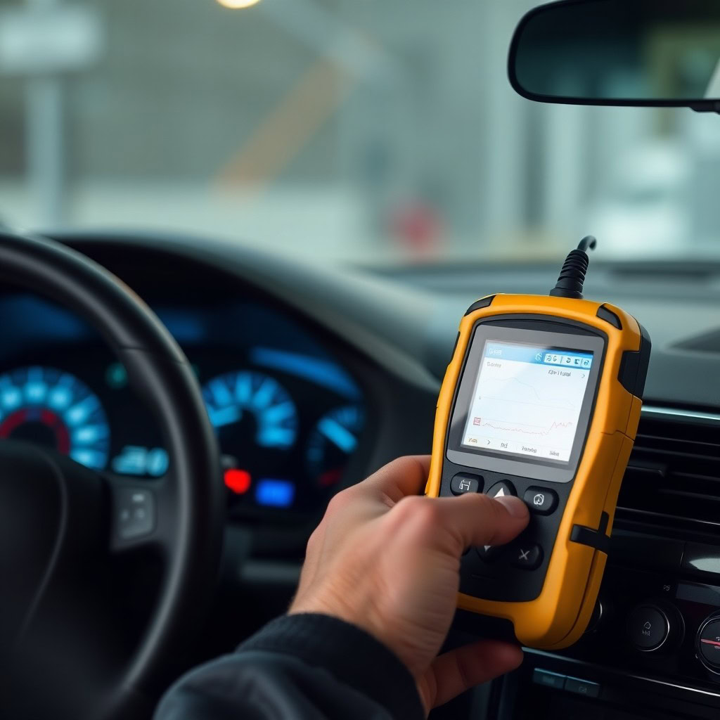 Mechanic using an electronic device to inspect faults