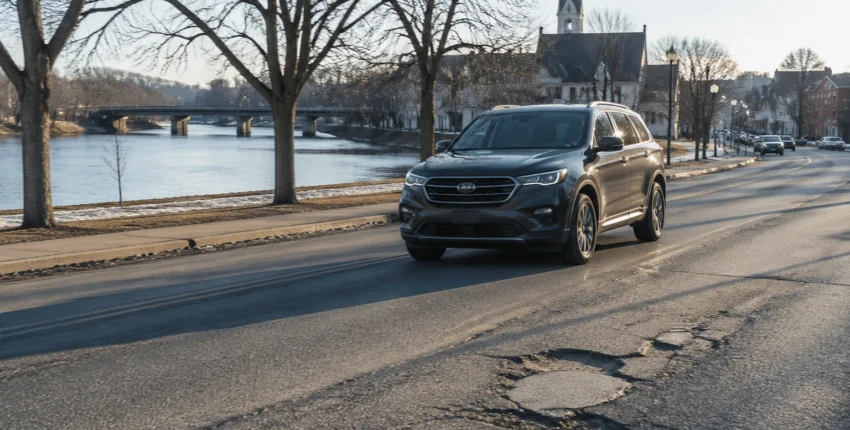Modern SUV driving on a city street near a river with a church in the background.