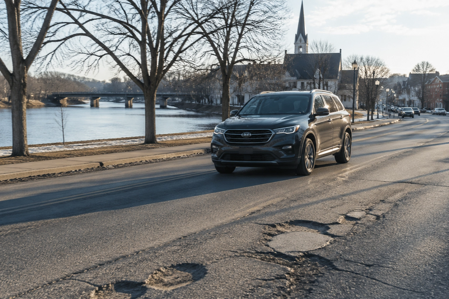 Modern SUV driving on a city street near a river with a church in the background.