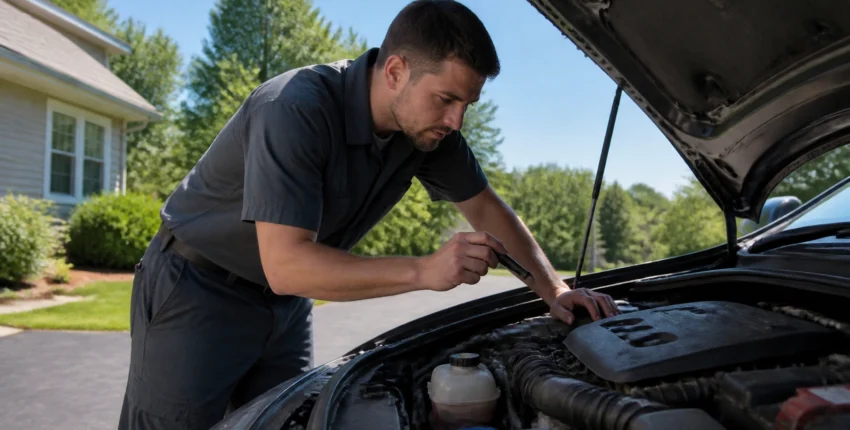 Auto mechanic inspecting a car's engine for transmission issues outdoors.