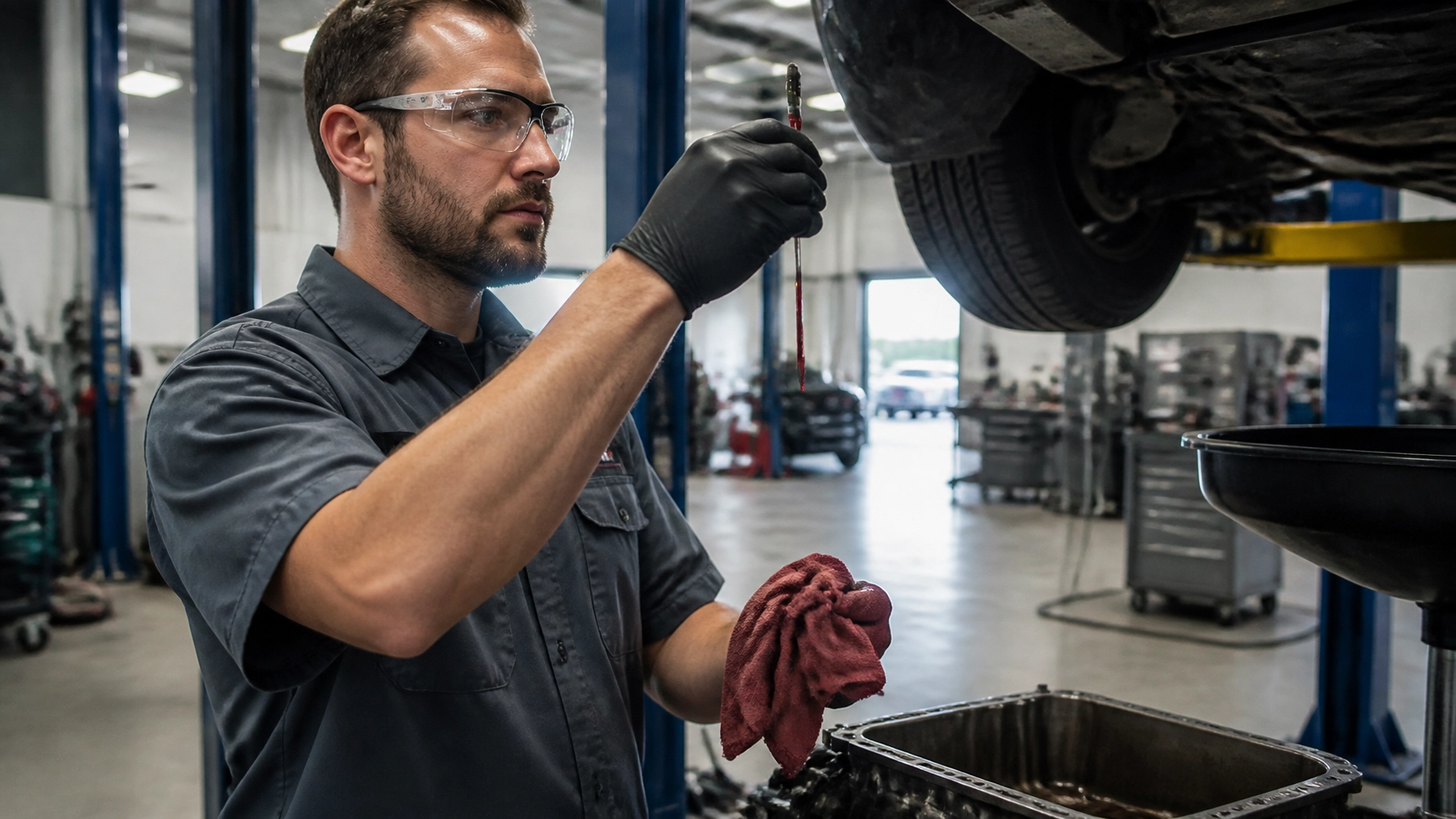 Technician inspecting car transmission in auto repair shop.