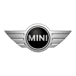 Close-up of Mini Cooper emblem at Abe's Auto Inc dealership.