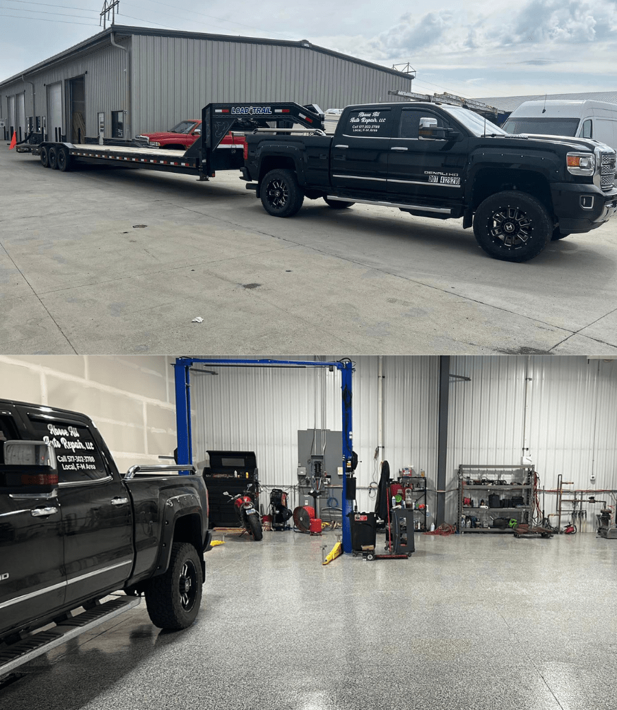 Auto repair truck transporting vehicles to Above All Auto Repair facility.