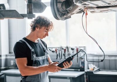 Auto repair technician inspecting vehicle undercarriage with diagnostic tablet.