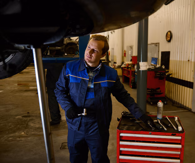 Mechanic inspecting undercarriage of car