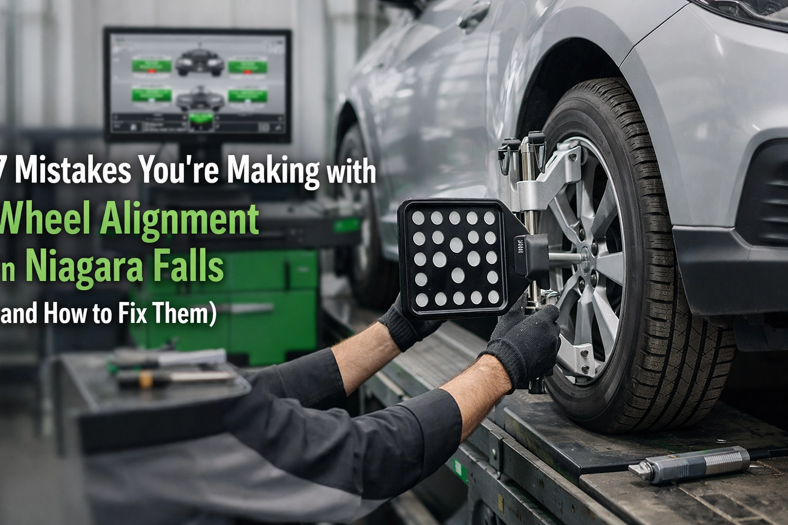 Auto technician performing wheel alignment on a vehicle at Niagara Falls auto shop.