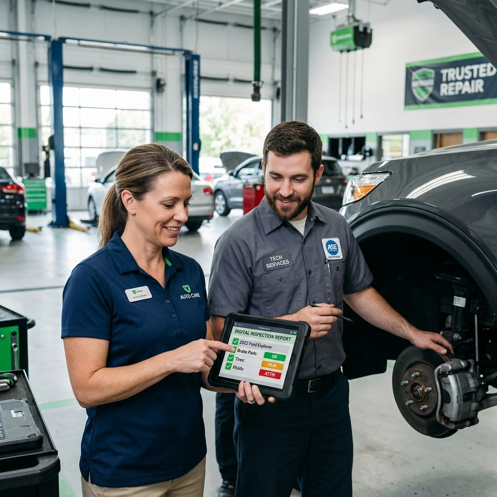 Auto repair technicians inspecting a vehicle's brake system.