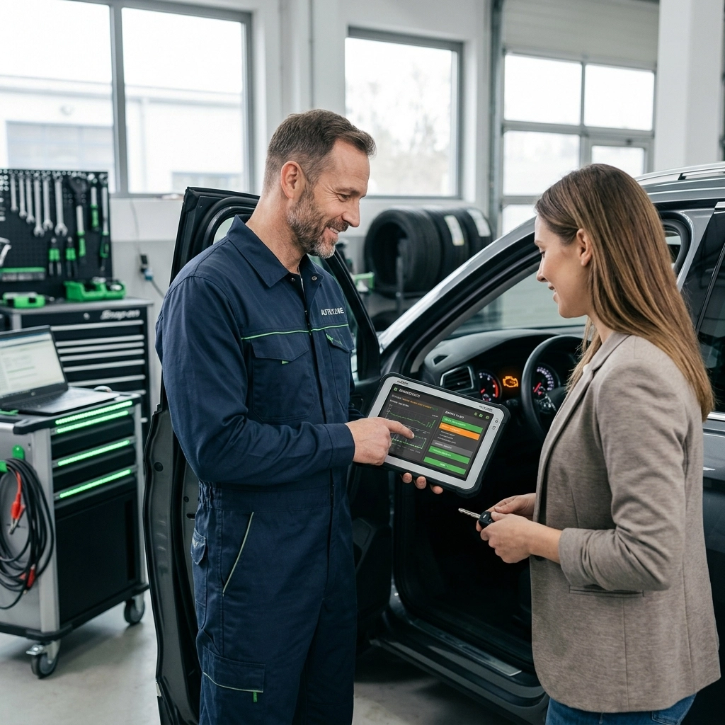 Auto technician discussing vehicle diagnostics with customer inside auto repair shop.