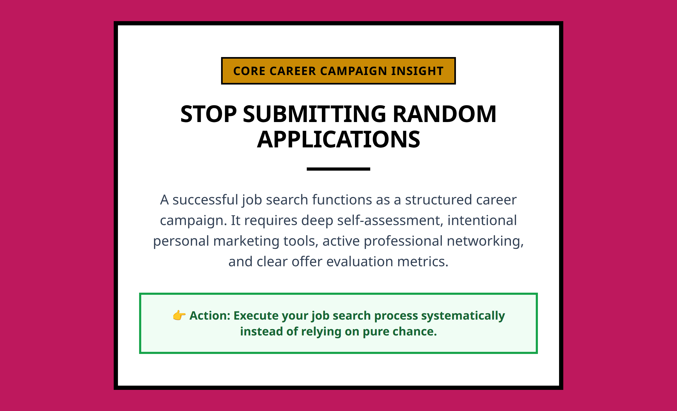 Mini poster declaring the core insight that job searching is a structured campaign.