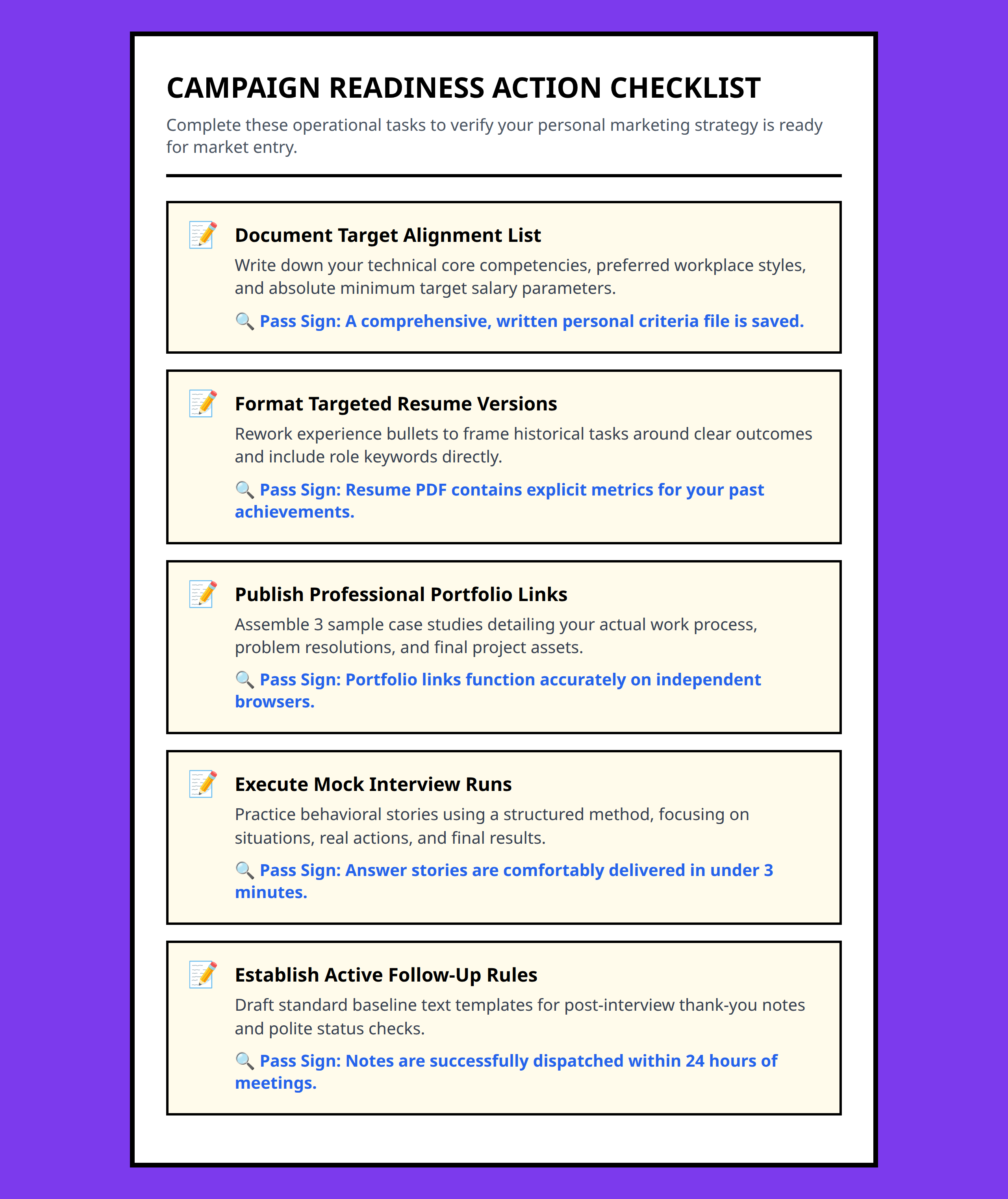 Checklist tracking readiness signs and key actions for a job search campaign.