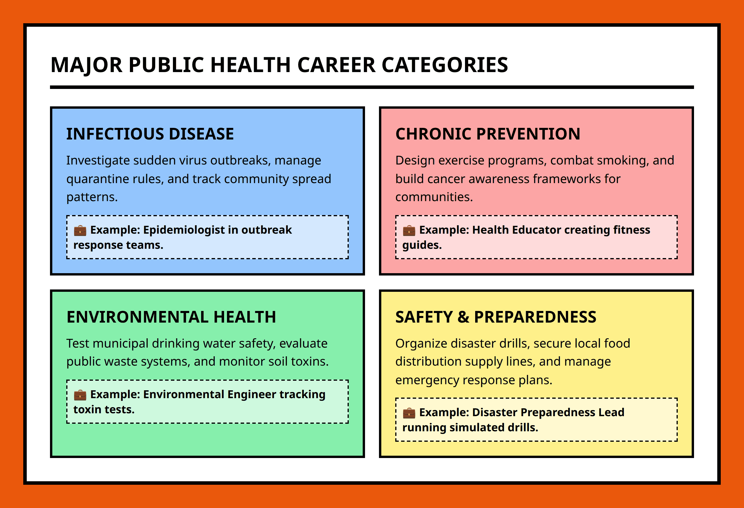 Grid layout showing the main career categories in public health like epidemiology and health education