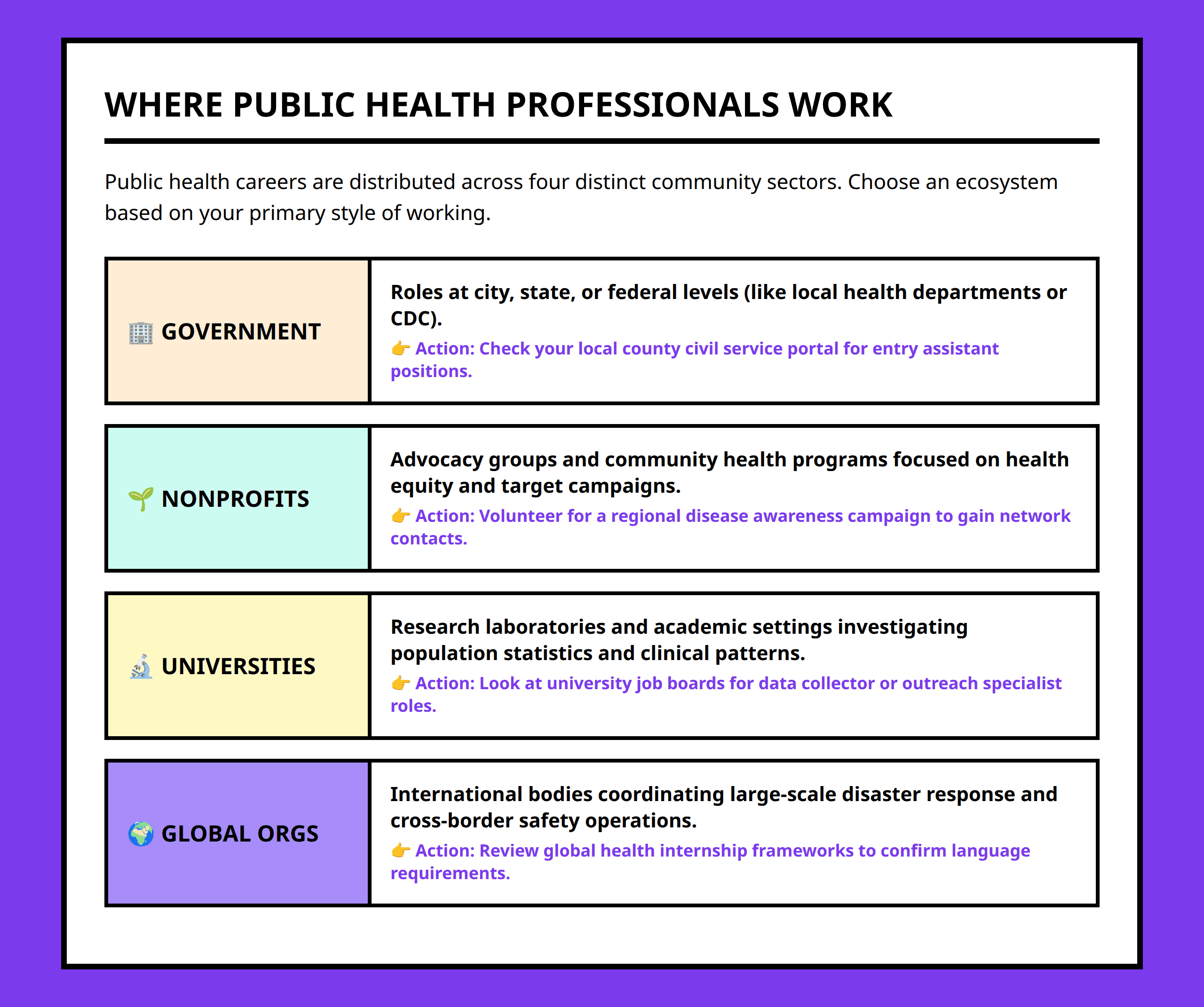 Infographic showing the primary employment ecosystems where public health graduates work
