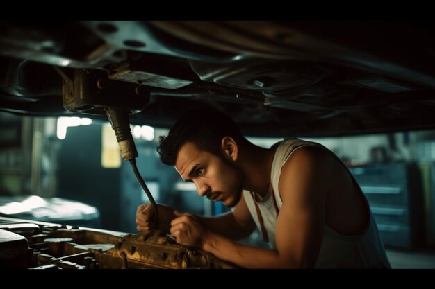 Mechanic inspecting vehicle's transmission system for maintenance.