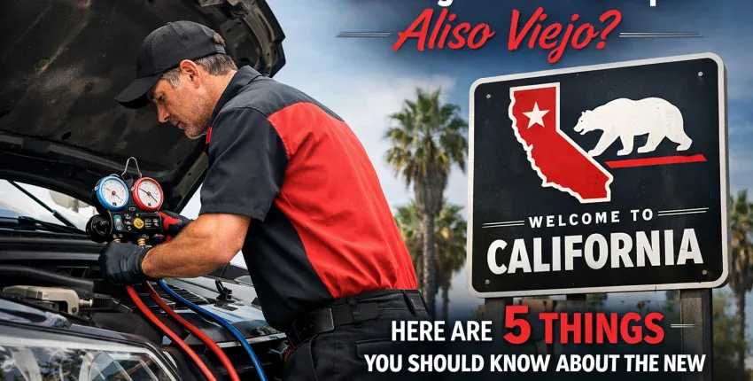 Professional car AC repair technician inspecting vehicle in Aliso Viejo, California.