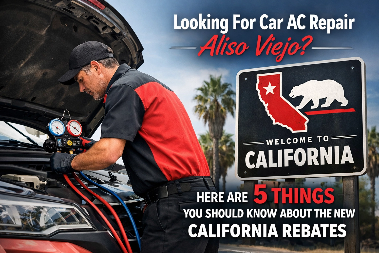 Professional car AC repair technician inspecting vehicle in Aliso Viejo, California.