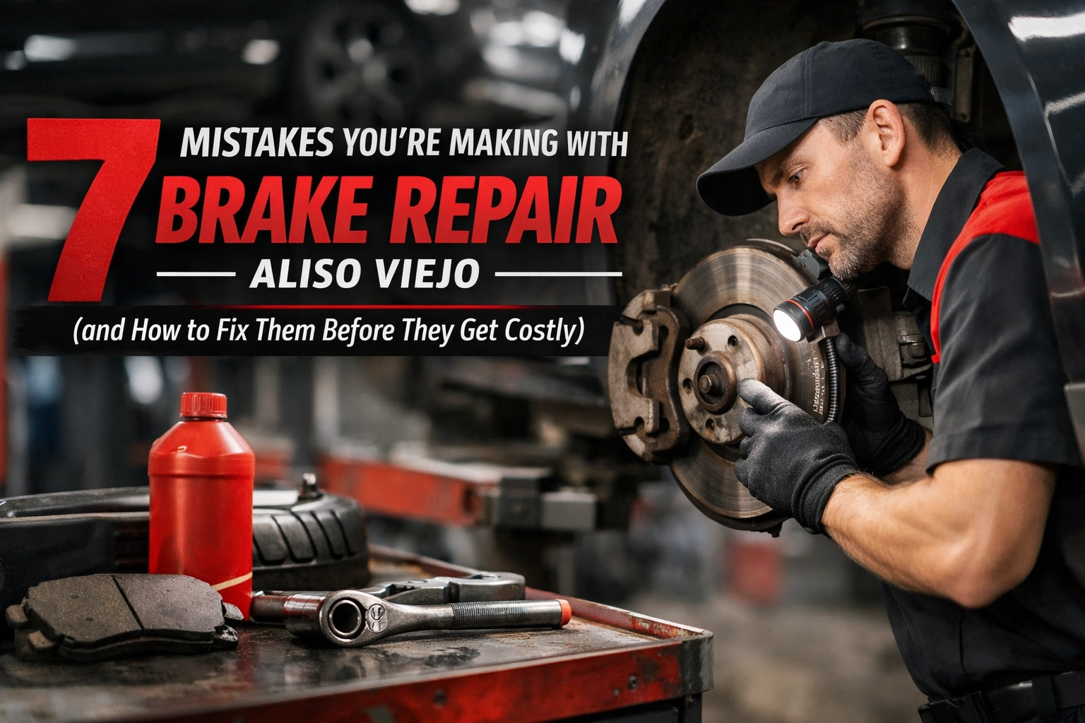 Auto mechanic inspecting brake system at Aliso Viejo auto service center.
