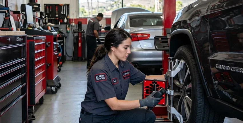 Aliso Viejo auto repair technician inspecting a car wheel.