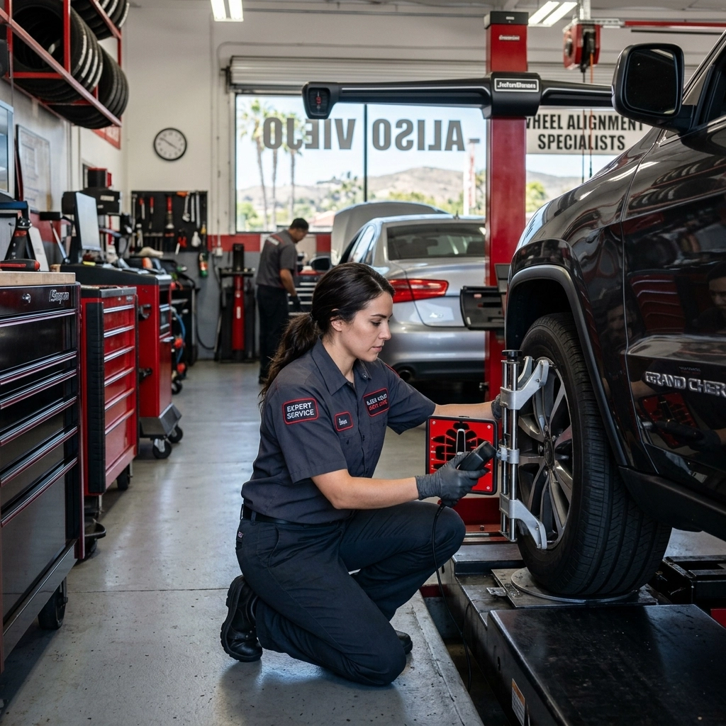Aliso Viejo auto repair technician inspecting a car wheel.