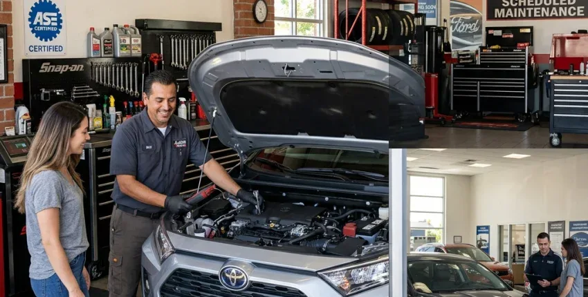 Friendly mechanic inspecting a Toyota engine at Aliso Viejo auto repair shop.