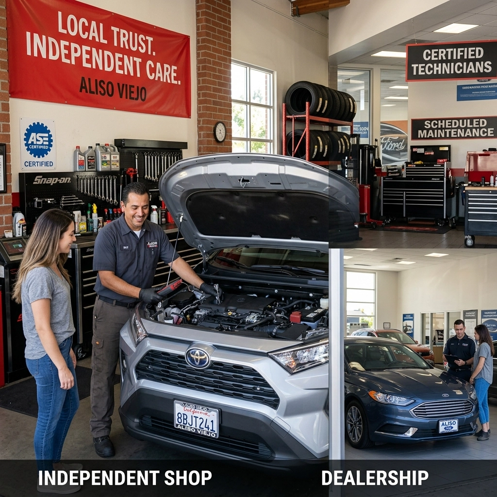 Friendly mechanic inspecting a Toyota engine at Aliso Viejo auto repair shop.