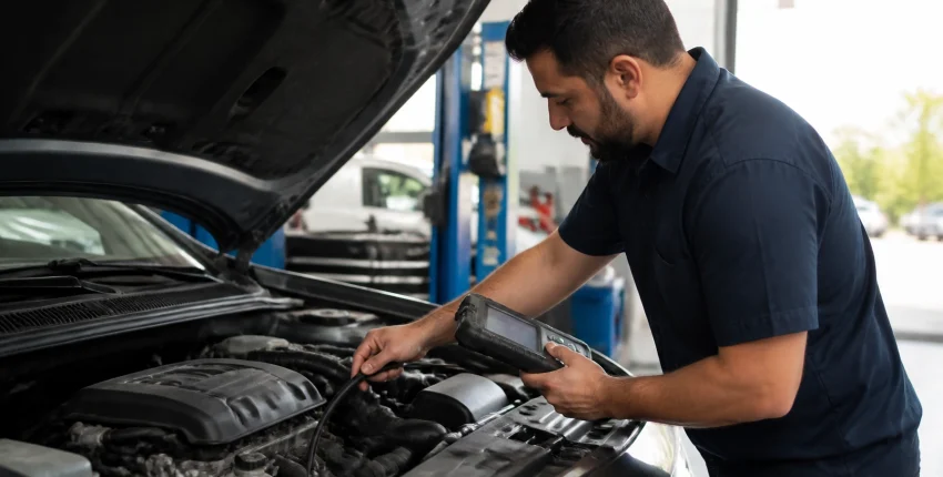 Auto mechanic inspecting car engine at Aliso Viejo auto repair shop.