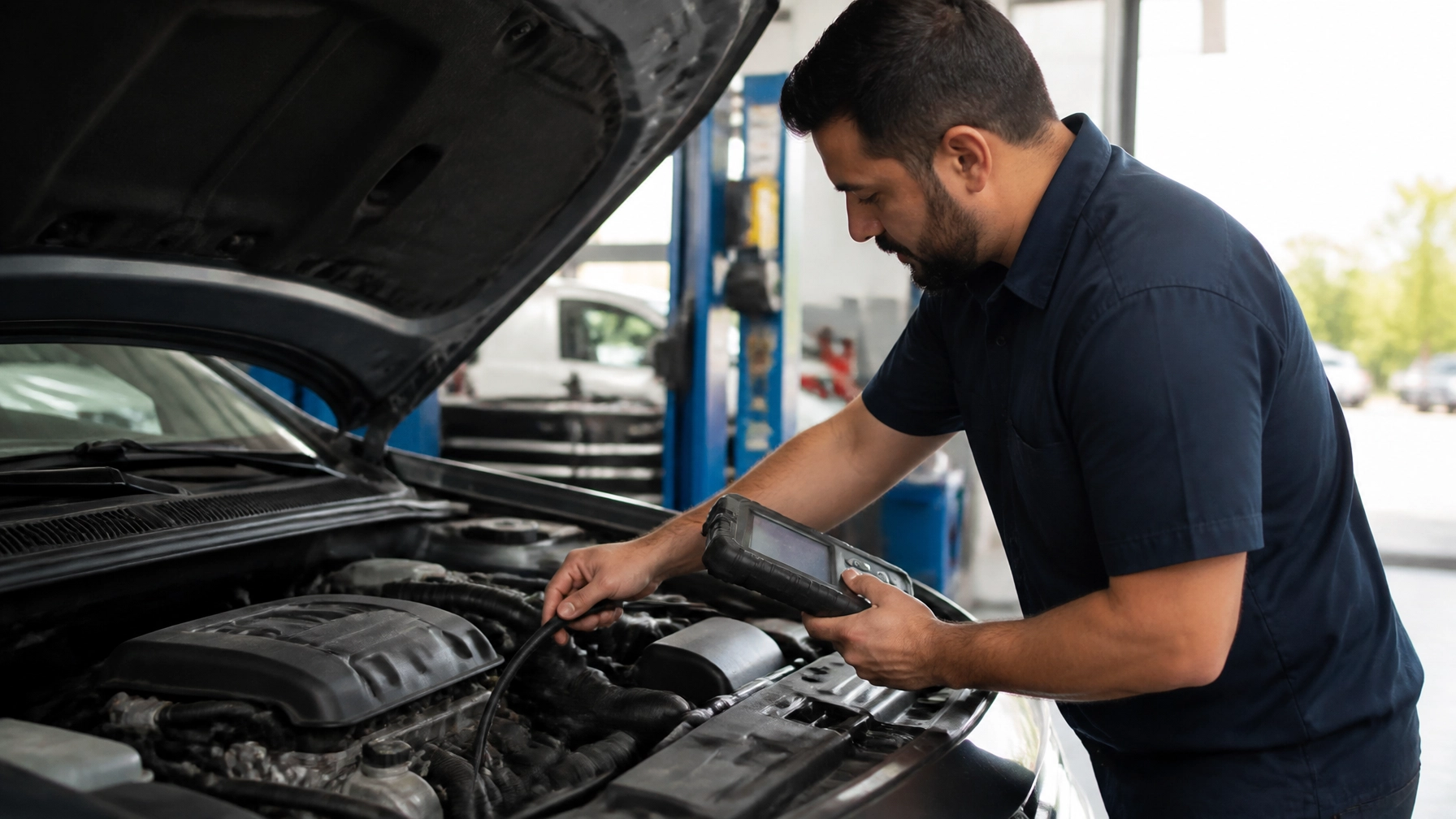 Auto mechanic inspecting car engine at Aliso Viejo auto repair shop.