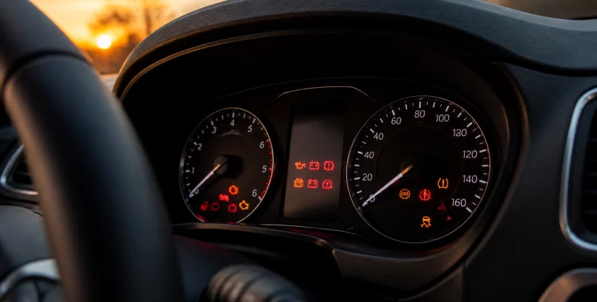 Car dashboard showing warning lights during sunset in Aliso Viejo.