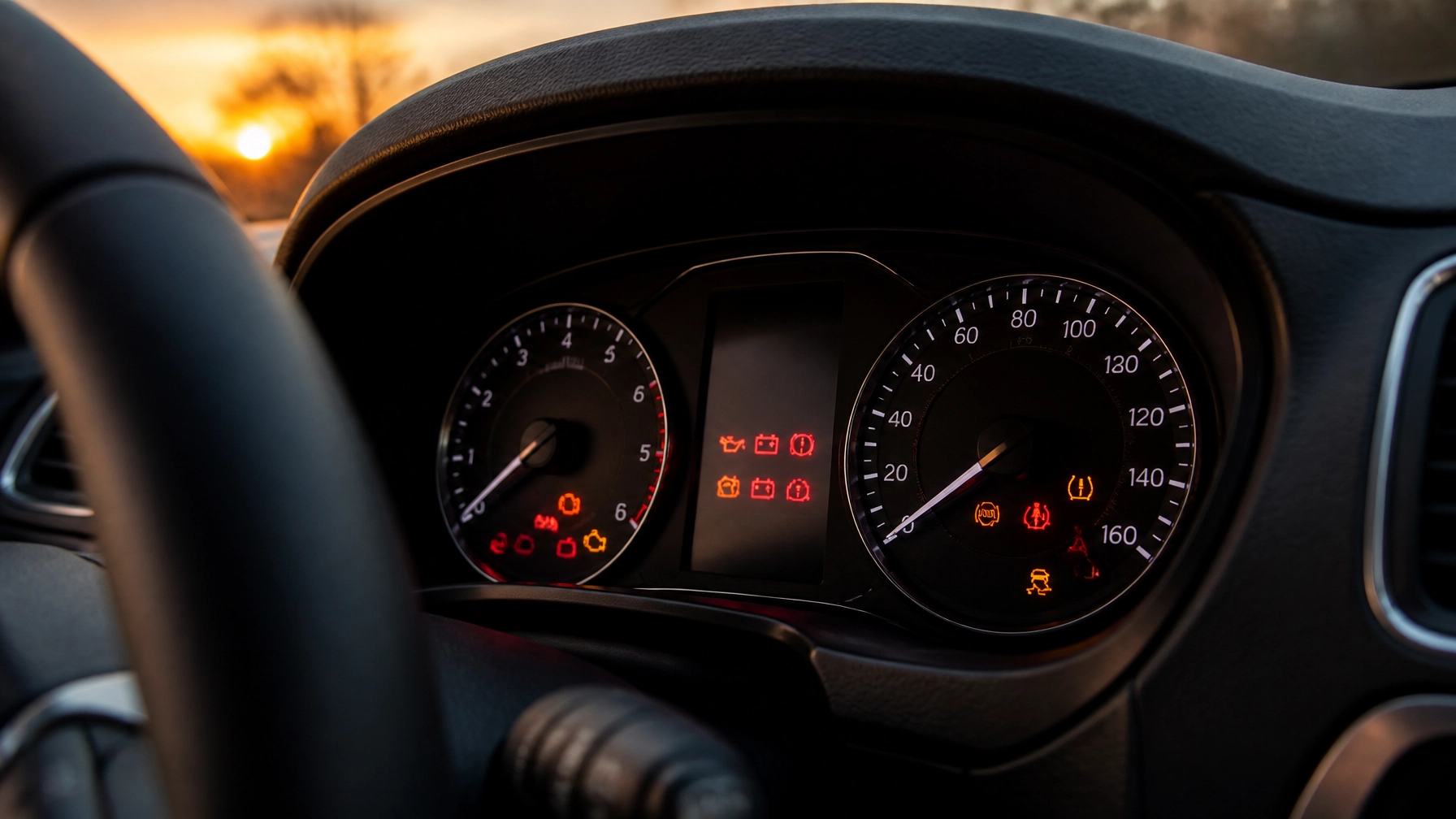 Car dashboard showing warning lights during sunset in Aliso Viejo.