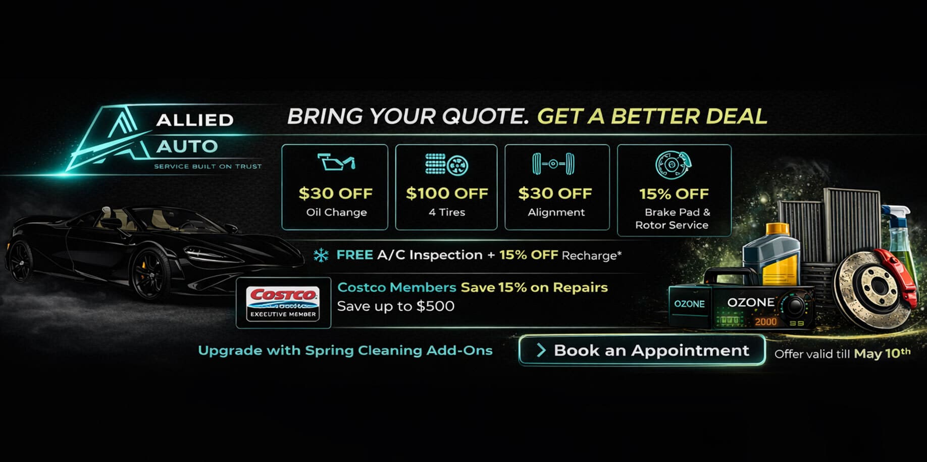 Auto repair shop offering oil changes, tire services, brake repairs, and alignments in [Location]. T.